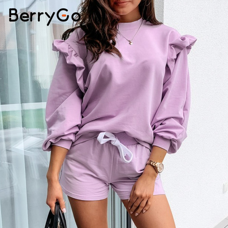 BerryGo Casual o neck women sweatshirt ladies tops Vintage ruffle purple sweatshirt long sleeve autumn pull femme tracksuit 201217