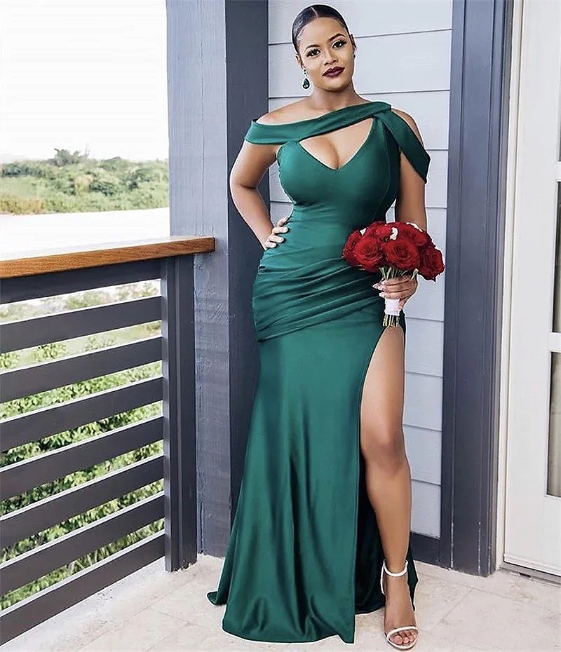 Dark Green Bridesmaid Dresses Mermaid Slit Satin Silk Maid of Honor Dresses Formal Strapless Wedding Party Gowns African