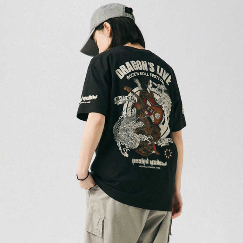 Aolamegs Oversized Men T-Shirt Japanese Geisha Dragon Print T Shirts Casual Anime Tshirt Cotton Summer Streetwear Men's clothing 210629