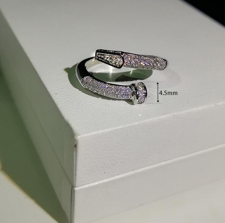 Sparkling Luxury Jewelry 925 Sterling Silver Classical 925 Sterling Silver Open Ring Pave White Sapphire Women Nai Wedding Adjustable Ring