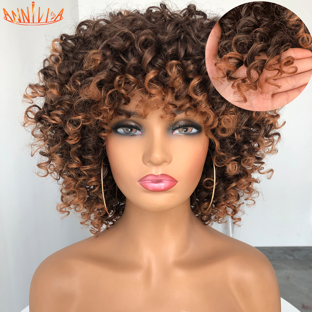 Short Hair Afro Kinky Curly Wigs With Bangs For Black Women Blonde Mixed Brown Synthetic Cosplay African Wigs Heat Resistantfactory direct