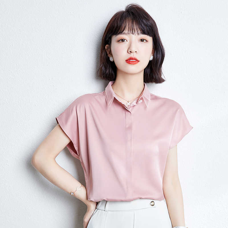 Blouses for Women Summer Tops Short Sleeve Casual Satin Blouse Female Work Wear Pink Office Lady Shirts Plus Size XXL 210531
