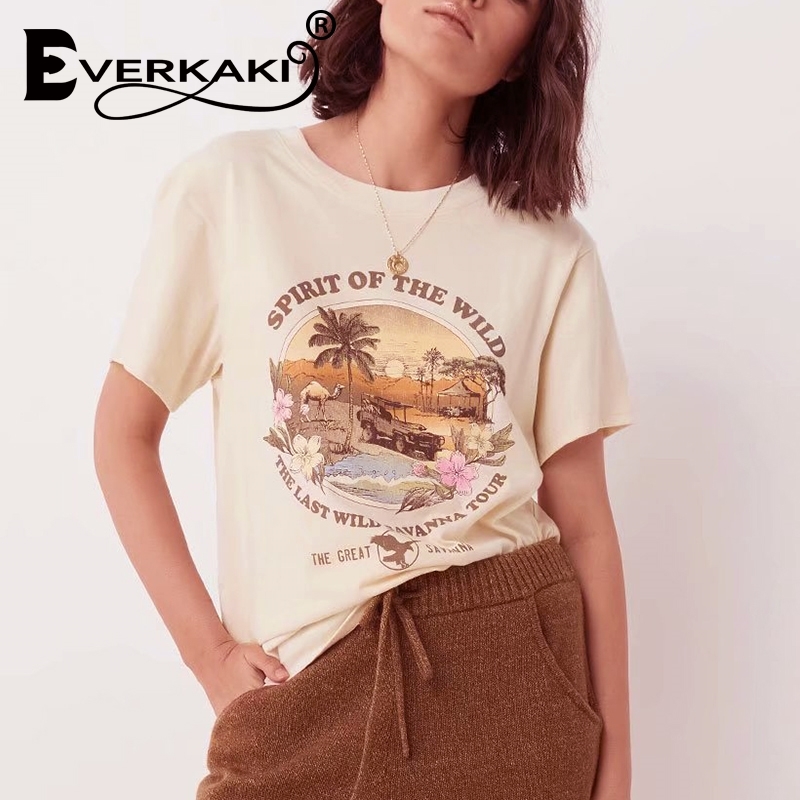 Everkaki Boho Print Women cotton tops t-shirts Retro Popular chic fashion ladies short sleeve tee T-shirt female top 210306