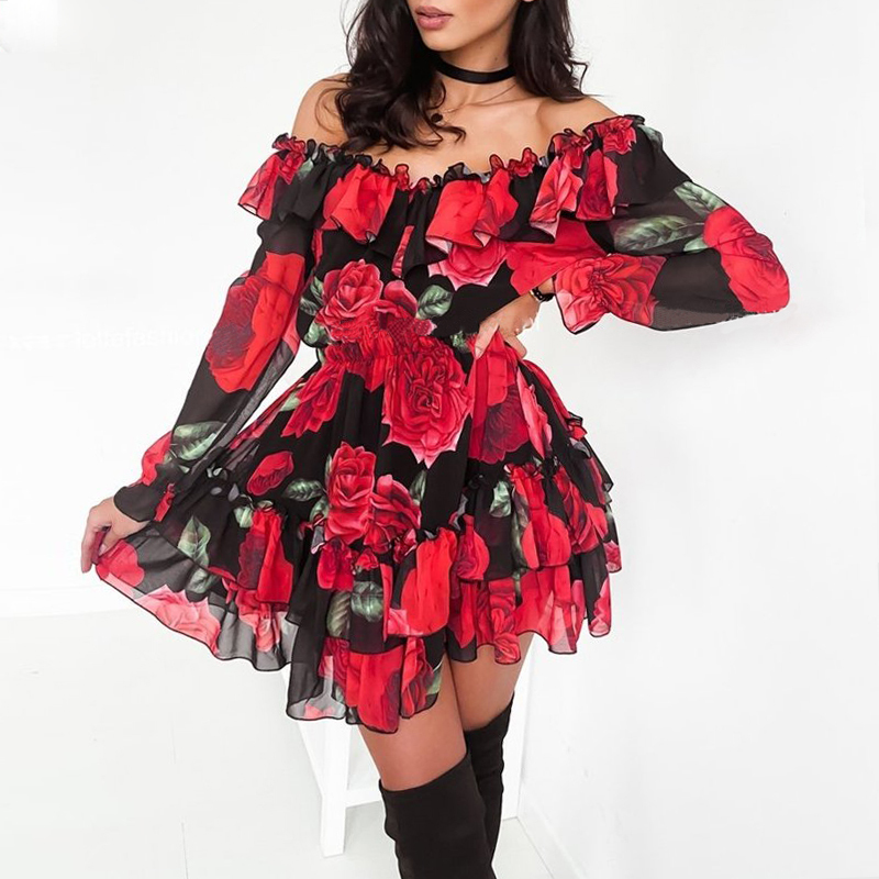 Women Off Shoulder Ruffles Flower Print Dress Spring Long Sleeve Elegant Party Dress Female Chiffon Beach Holiday Vestidos 210309