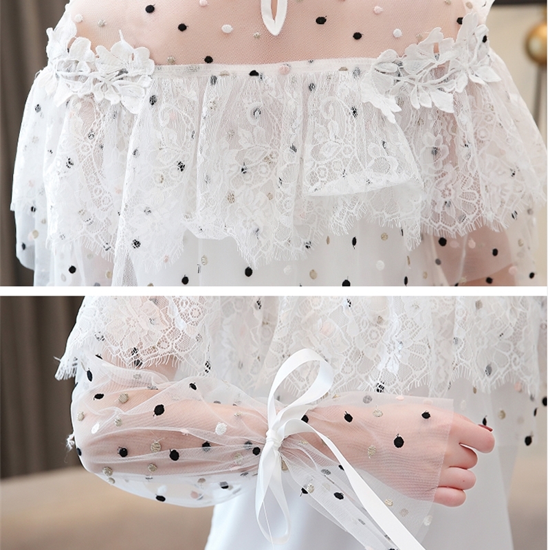 Dingaozlz New Sweet Women Blouse Fashion Lady's Chiffon shirt Patchwork Mesh Lace Tops Flare sleeve Ruffles Casual shirt T200321
