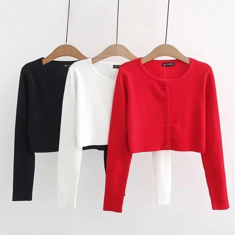 Women Lightweight Knit Button Up Crop Cardigan O Neck Matching Buttons Sweater Crop Knitting Top T200319