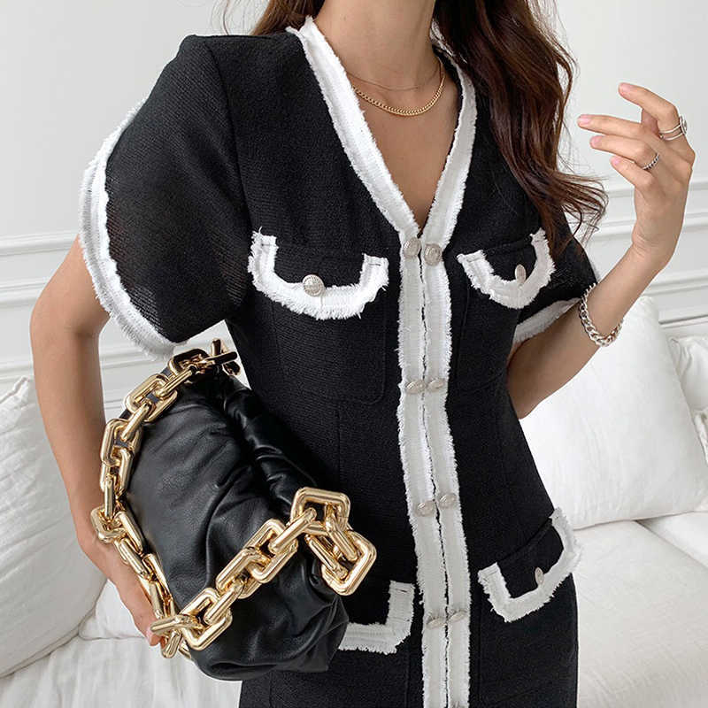 Korejpaa Women Dress Summer French Temperament Fringed Edge Stitching V-Neck Double-Breasted Slimming Short-Sleeved Vestido 210526