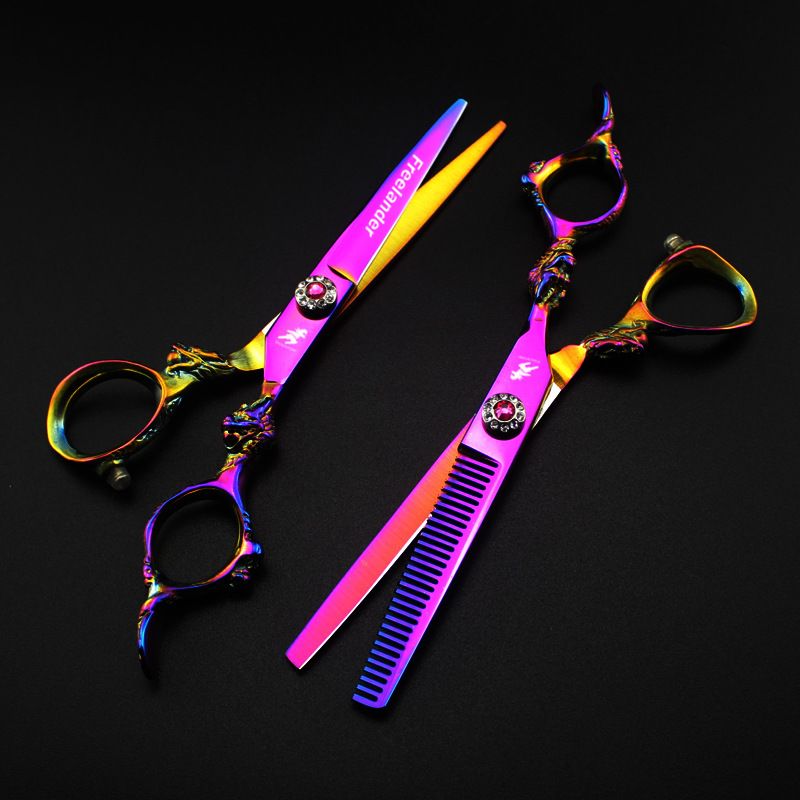 FREELANDER 6.0 inch purple hair scissors cutting / thinning scissors with comb scraper leather case barber scissors