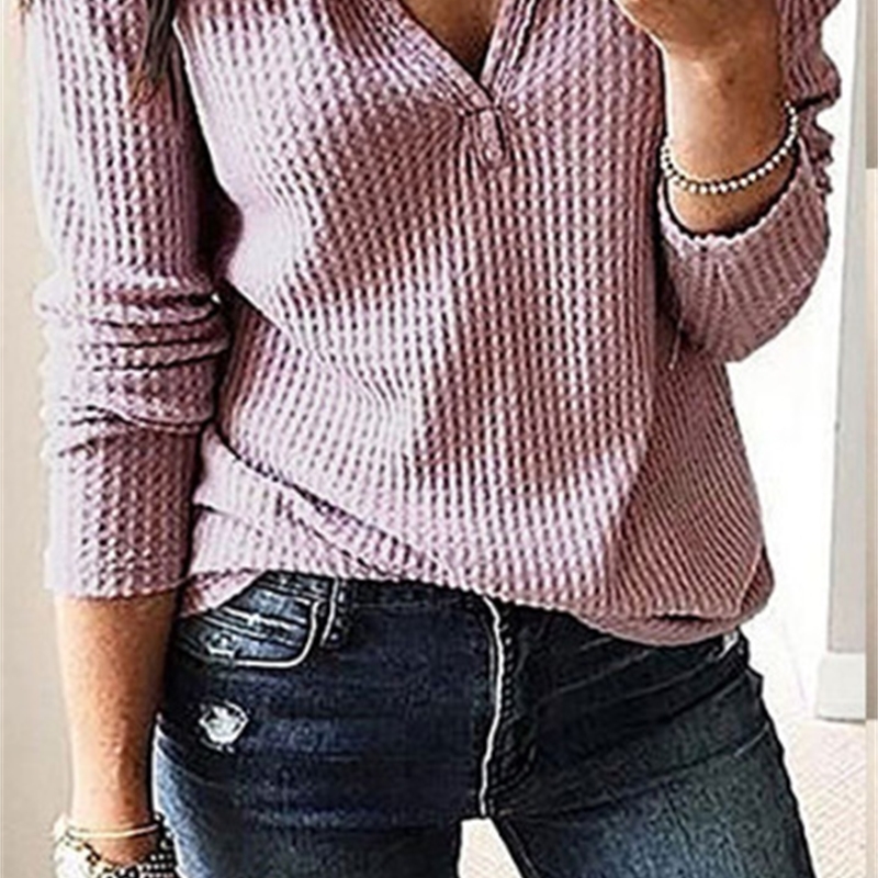 Womens V Neck T Shirts Solid Long Sleeve Waffle Knit Loose Top 210302