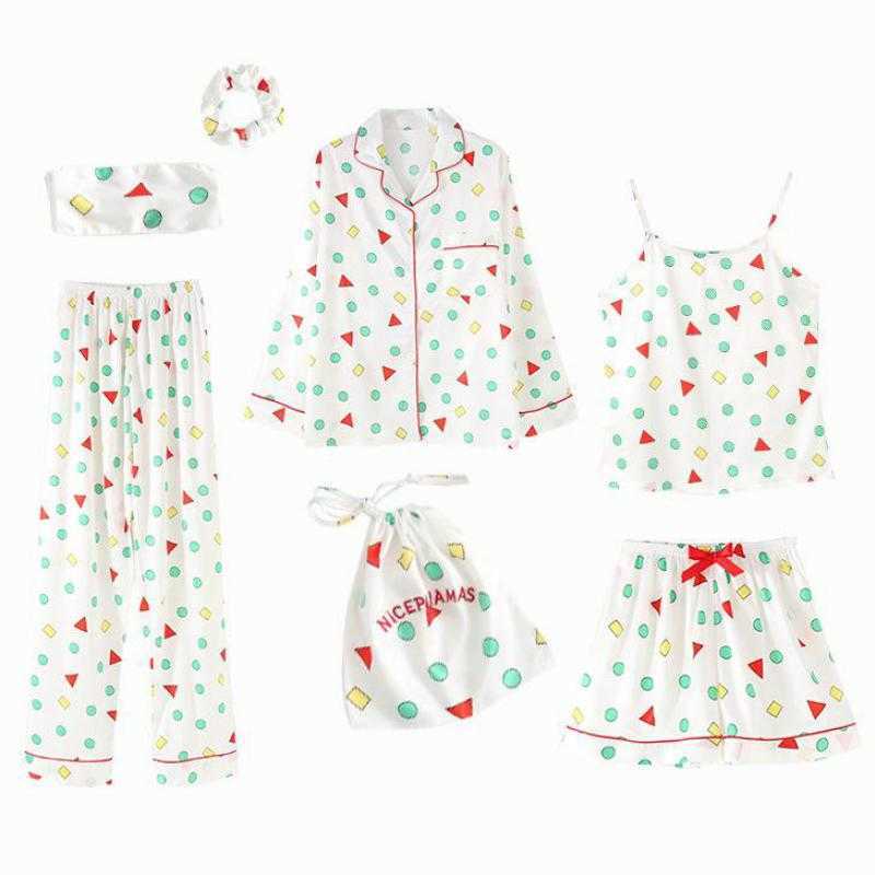 Novelty Geometric Women Pajamas Suit Intimate Lingerie Women Casual Sleepwear 7PCS Sleep Set Satin Nightwear Home Clothing Q0706