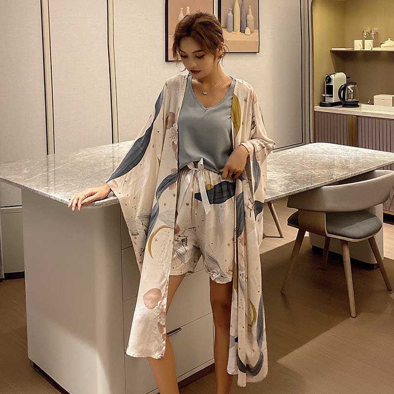 4 Pieces Printed Pajamas For women Sets Autumn Pyjamas Set Viscose Floral Pink Female Night Suits Pyjamas Sets 210924