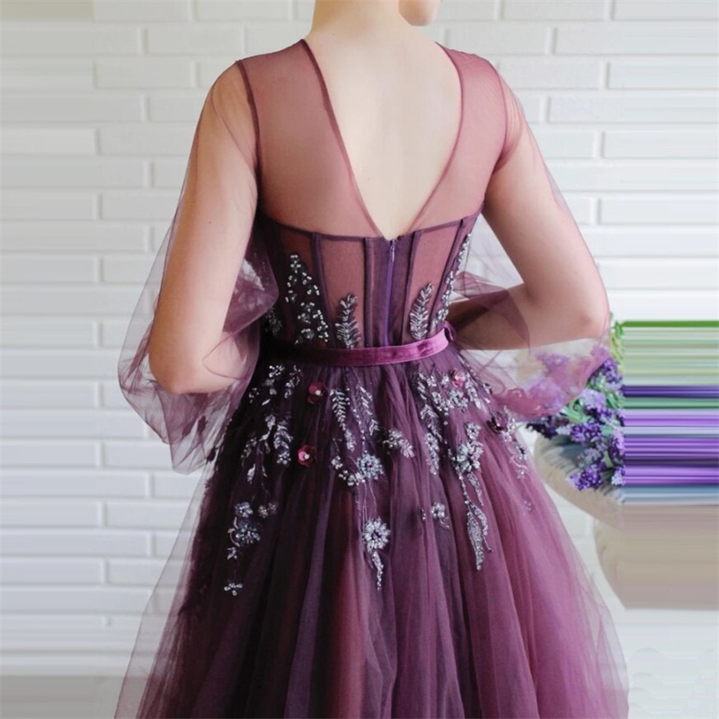 Floral Purple Prom Dresses With Belt Newest Beads Appliqued Lace Evening Dresses Long Sleeves Sweep Train A Line Party Gowns Custom Made