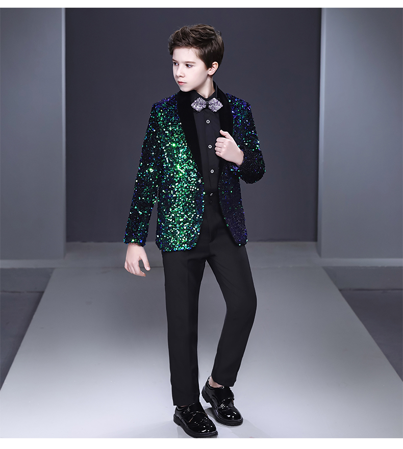 Fashion Ring Bearer Boy's Formal Wear Tuxedos Shawl Lapel One Button Children Attire For Wedding Party Kids Suit Set Sparkling Sequins Jacket +Bl