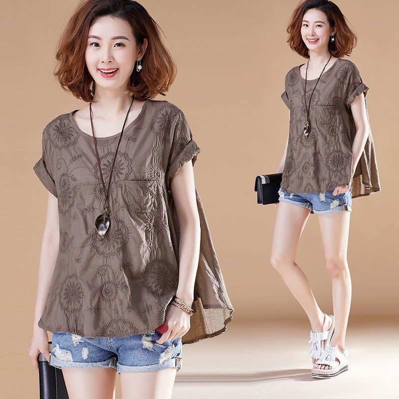 Women Tshirt Plus Size Short Sleeve Loose Casual Tee Shirt Femme Cotton Embroidery Vintage Tshirts Ladies Summer Tops D139 210310
