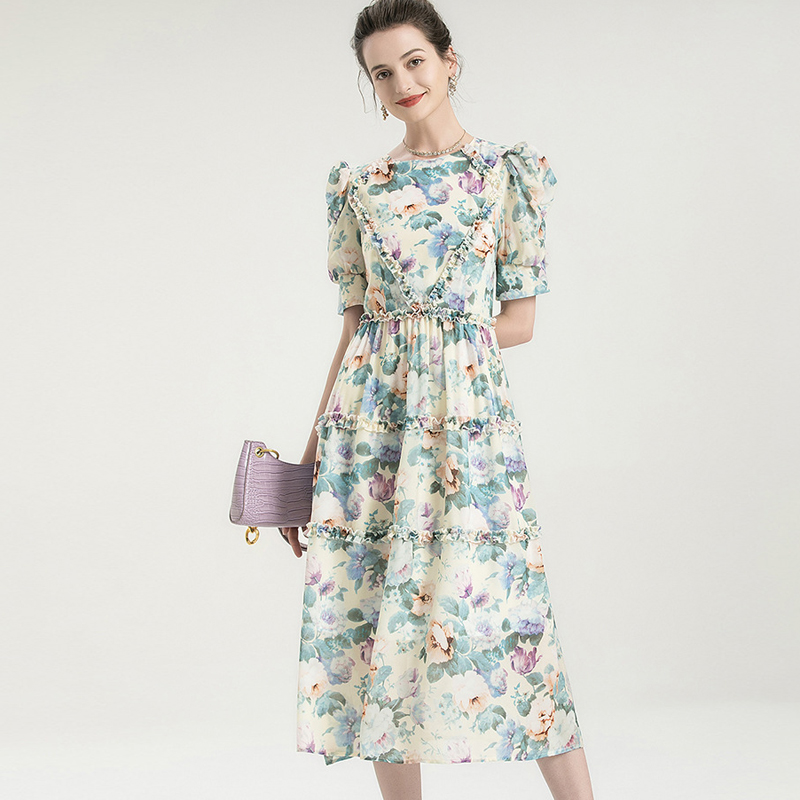Women's Runway Dresses O Neck Short Sleeves Floral Printed Ruffles Elegant Fashion Mid Dress
