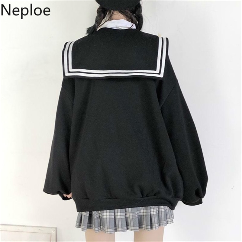 Neploe Striped Sailor Collar Zipper Sweatshirt Cardigan Coat Autumn Winter Fleece Thicken Women Jacket New Top Jumper 55820 201102