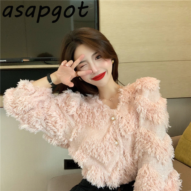 Asapgot Fashion Chic Korea Plush V-neck Tassel Sweaters Coat Autumn Winter New Thick Wild Pink Long-sleeved Cardigan Top Sweet 210218