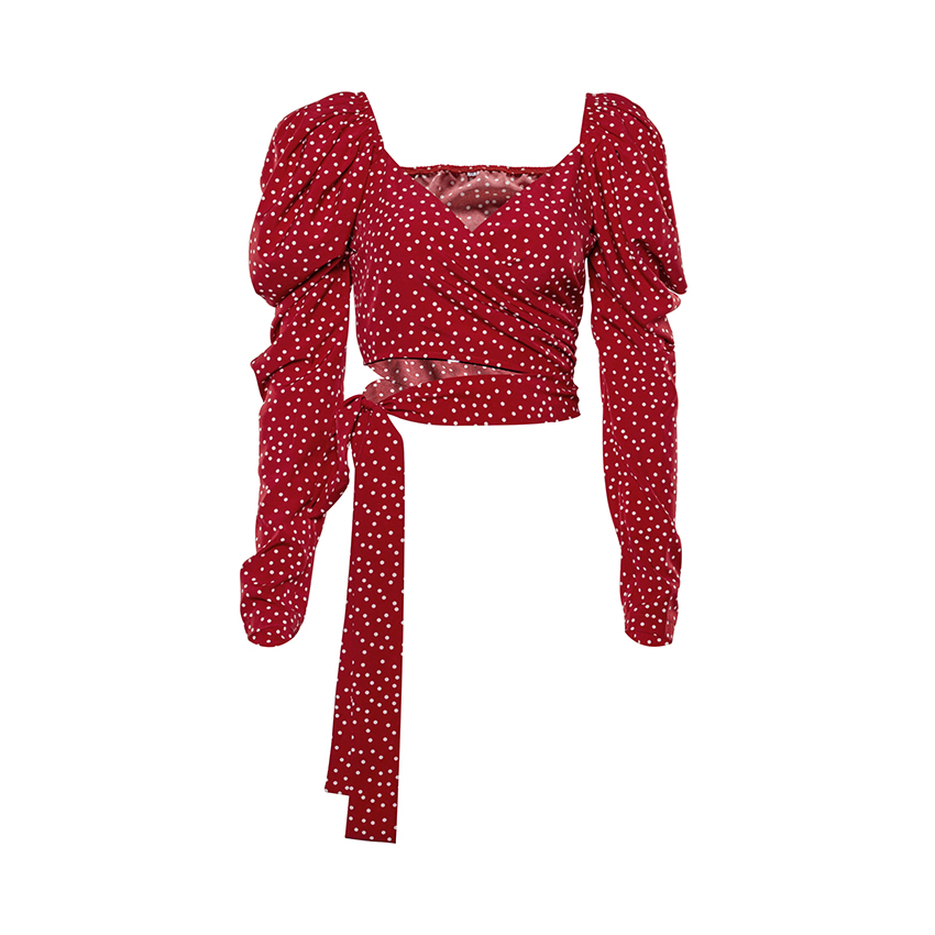 V-Neck Vintage Red Polka Dot Blouse Print Shirt Office Lady Wrap Top Elegant Blouse Women Puff Long Sleeve Sexy Crop Top Lace-Up 210225