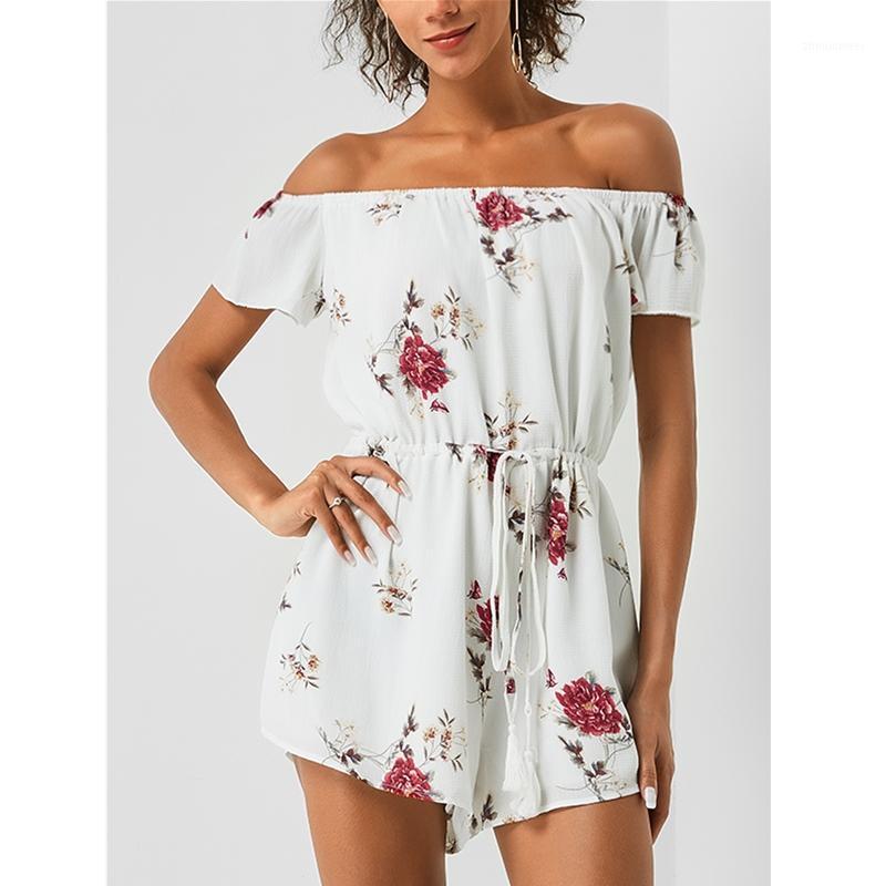 

Women's Jumpsuits & Rompers Summer Sexy Off Shoulder Floral Print 2021 Women Ladies Fashion White Drawstring Waist Beach Playsuit Short