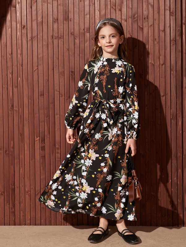 Girls Floral Print Lantern Sleeve Belted Dress SHE