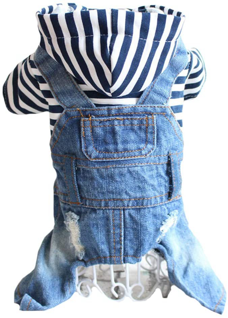 Dog Apparel Denim Striped or Grid Pet Dogs Jumpsuits Puppy Cat Hoodie Jean Coat Four Feet Clothes for Small Doggy Teddy Yorkies Sweatshirt Jeans Blue 