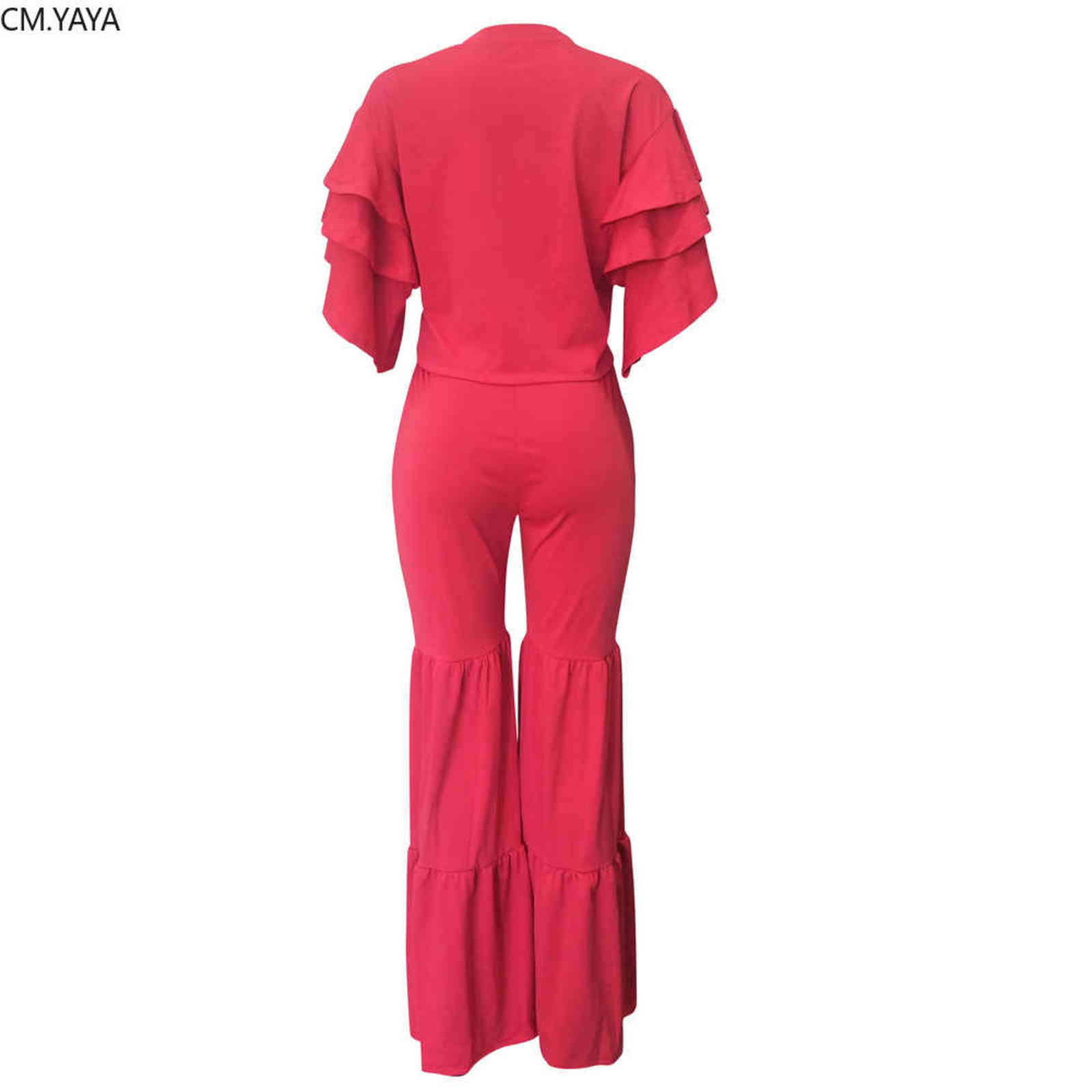 Autumn Winter Women set Tracksuit O Neck Petal Sleeve Top Flare Pants Suit Two Piece Set Solid Night Club Outfits LS6326 211105
