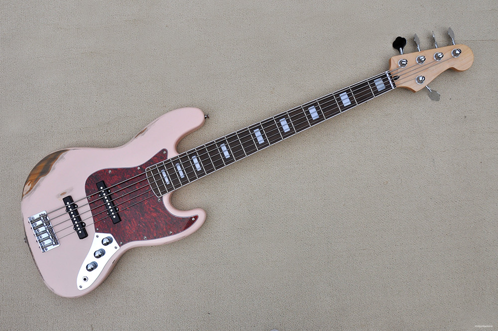 Pink Vintage 5-strings Electric Bass Guitar with Maple neck,Chrome Hardware,Provide customized services