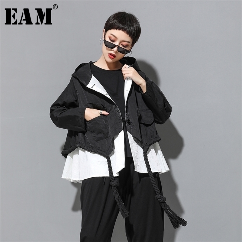 EAM Autumn Hooded Collar Long Sleeve Spliced Big Size Drawstring Button Loose Jacket Women Coat Fashion JY906 201017