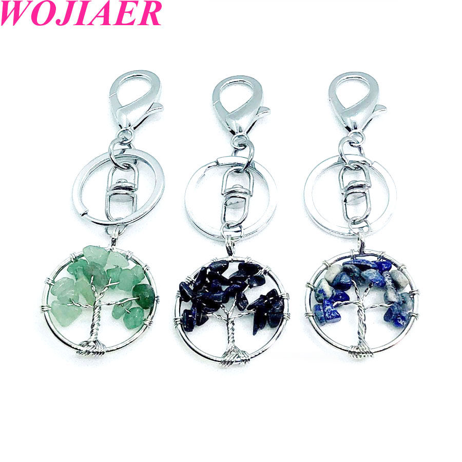 WOJIAER Natural Stone Key Chains Tiger s Eye Obsidian Tree of Life Reiki Pendant Crystal for Bag Car Ladies Jewelry DBW911