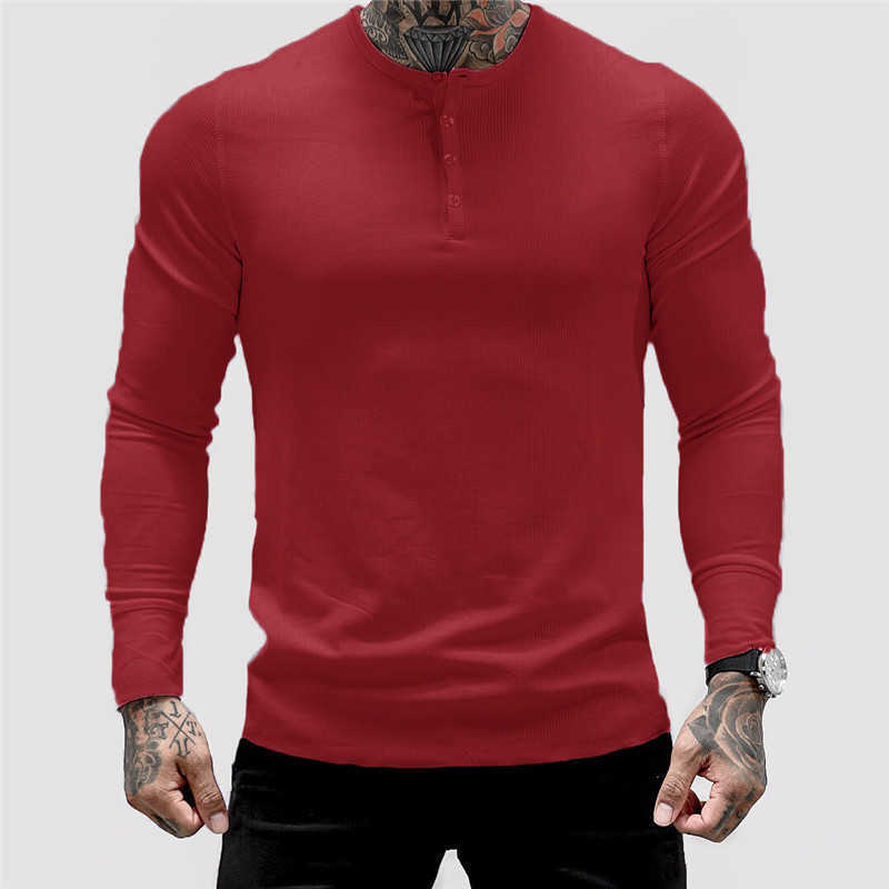 YEMEKE Men's Button collar Long-sleeved o-neck wear cotton slim shirt T-shirt fashion GYMS exercise breathable sportswear 210629