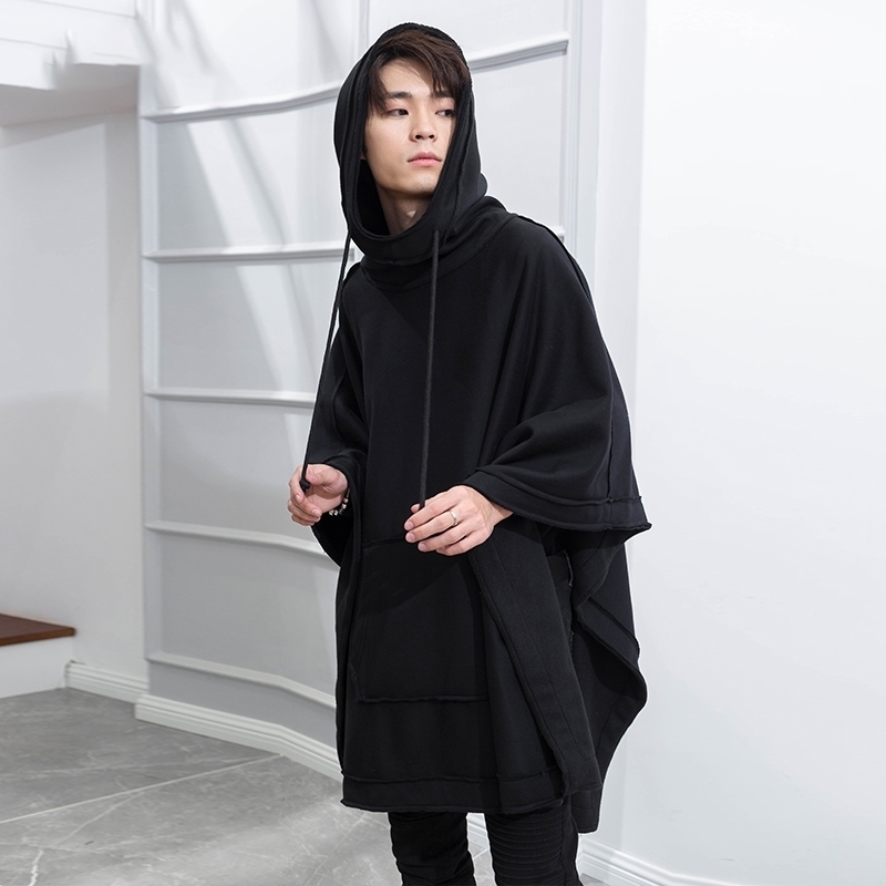 M-4XL Autumn and Winter Men's Loose Bat Cloak Cape Dark Medium Long Fashion Plus Velvet Thick Hooded Jacket 201126