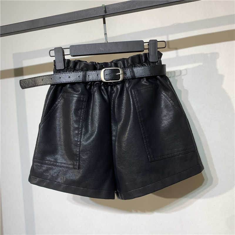 DEAT Autumn Arrival High Waist Sheepskin Shorts Women Casual Leather Loose Wide Leg Shorts RC075 210709