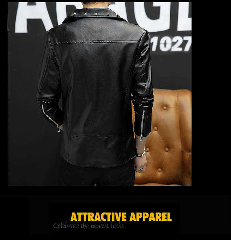Idopy Men`s Faux Leather Jacket Rivet Studded Slim Fit Multi Zippers Motorcycle Outerwear Jacket and Coat For Male 211018