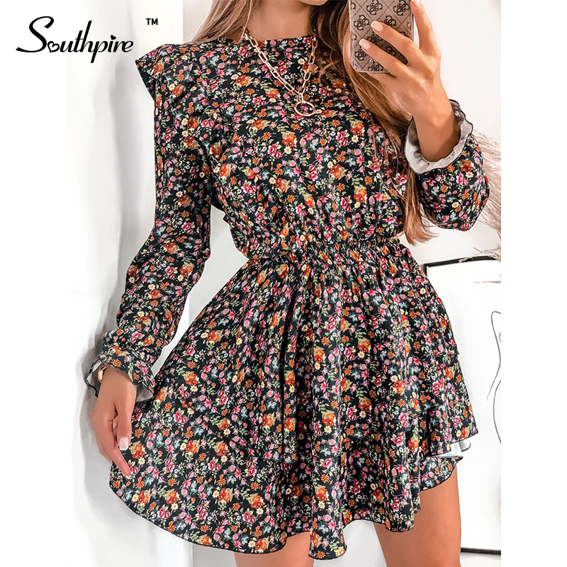 Southpire O-Neck A-Line Black Flower Print Vintage Dress Women Long Sleeve Ruffle Mini Party Dress Casual Daily Clothes Fashion 210303
