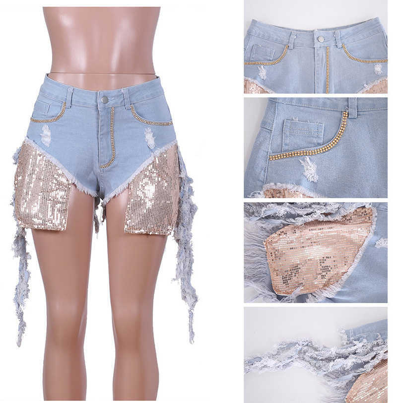 Bonnie Forest Women Washed Denim Shorts With Sequins Patchwork Detail Casual Fringe Trim Ripped Skinny XXL 210714
