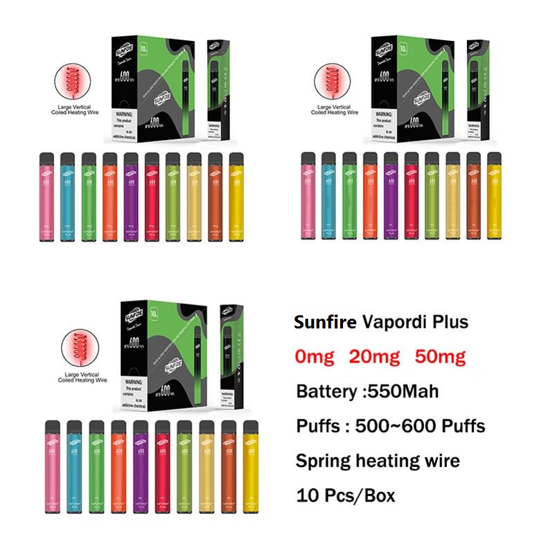 Original Sunfire Vapordi Plus 600 puffs disposable electronic cigarette 2ml spring cartridge device 0% 2% 5% strength 550mah battery 10 colors
Original Sunfire Vapordi Plus 600 puffs disposable electronic cigarette 2ml spring cartridge device 0% 2% 5% strength 550mah battery 10 colors