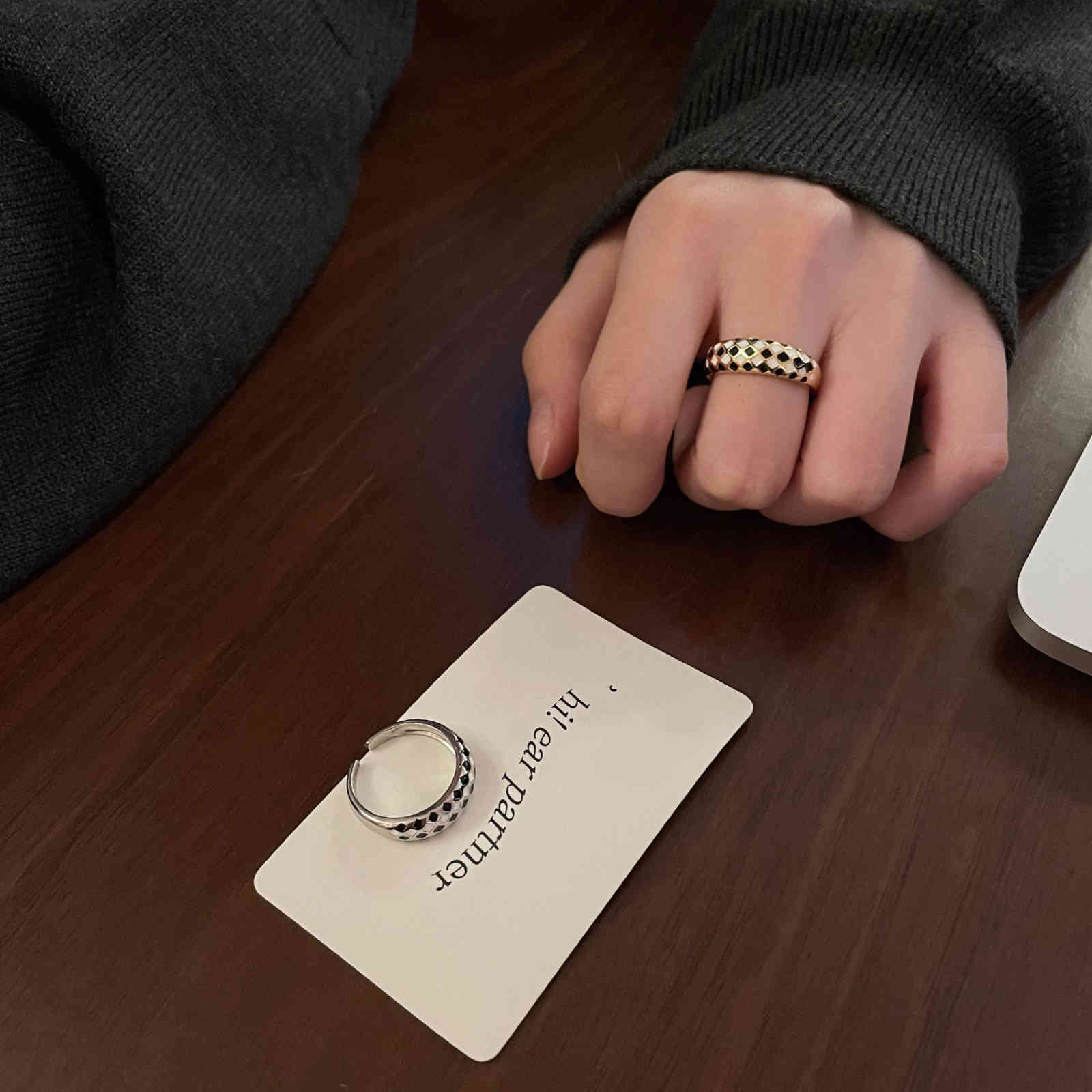 925 Sterling Silver Drop Glaze Opening Adjustable Checkerboard Ring Female Ins Minority Cool Style Personalized Design