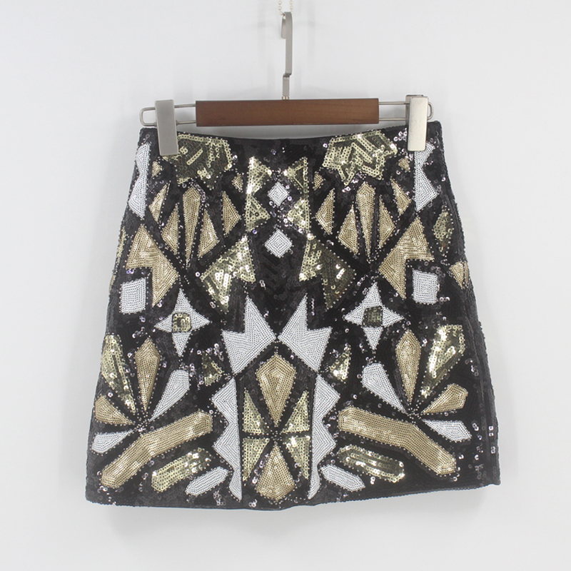 Retro 1920s Gatsby Flapper Party Geometric Colorblock Beaded Sequin Women Pencil Jupe Falda Baroque Skirt 210306