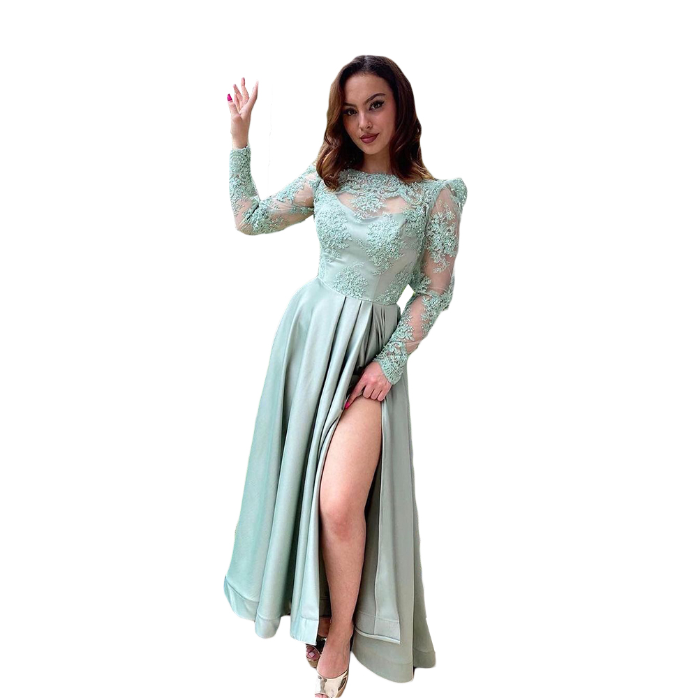 African Mint Green Prom Dresses Sheer Jewel Neck Long Sleeve Lace Appliques Mermaid Evening Gowns Red Carpet Robe De Soiree