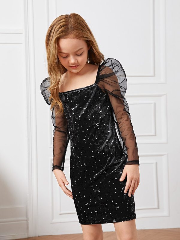 Girls Mesh Puff Sleeve Galaxy Dress SHE
