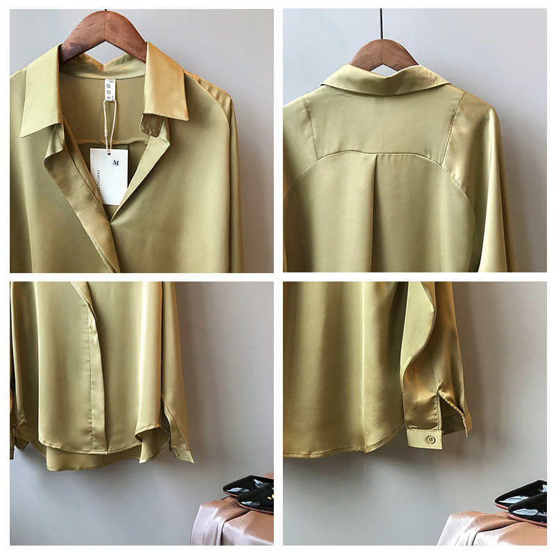 Spring Autumn Solid Blouse Women New Casual Silk Satin Women Blouses Vintage V Neck Office Lady Long Sleeve Shirt Tops 5273 210225