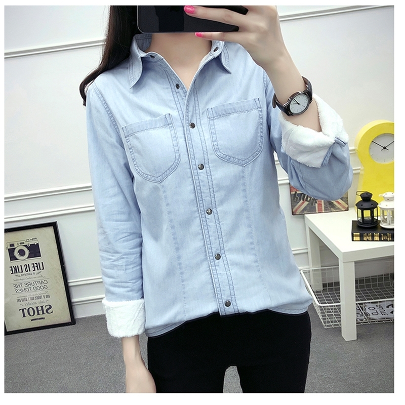 New Autumn winter women cotton flannel Warm thickening pocket long sleeve blouse Denim shirt casual flannel tops plus size T200322