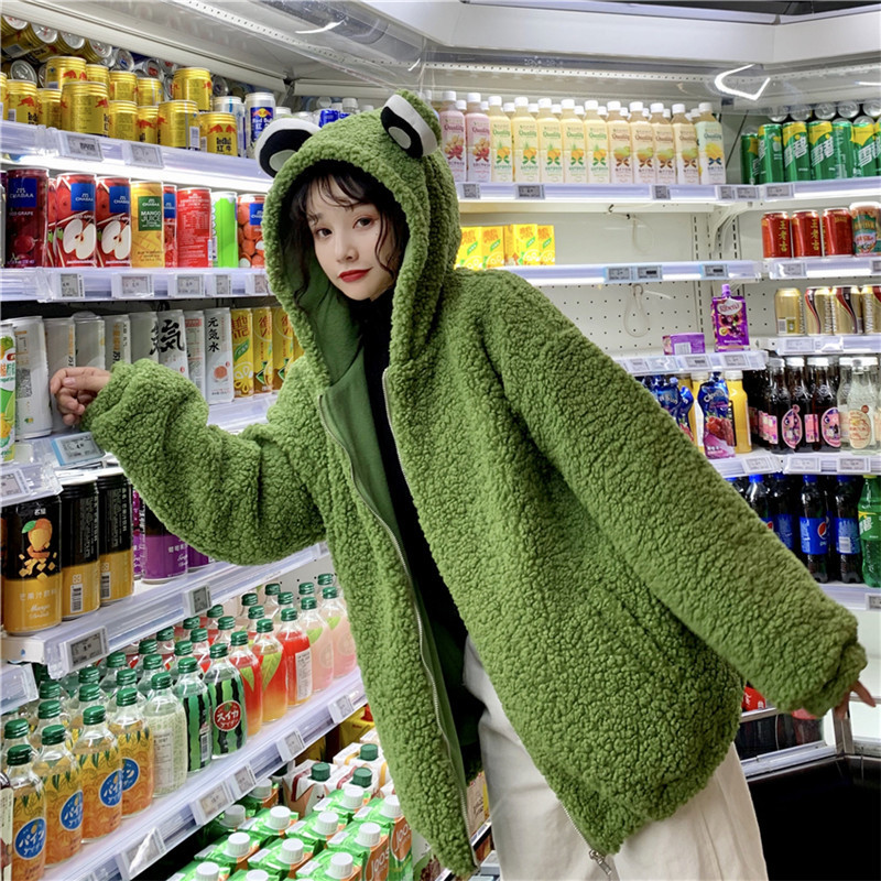frog hoodie Winter Zipper Plush Comfort Top Winter Thicker Chic cutey coat Outwear Korean Hooded Soft Teens Street Jacket 2xlxl 201212