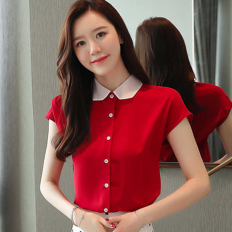 Korean Fashion Chiffon Women Blouses Shirt Office Lady Red Tops Plus Size Solid Blouse Top Blusas Mujer De Moda 210531