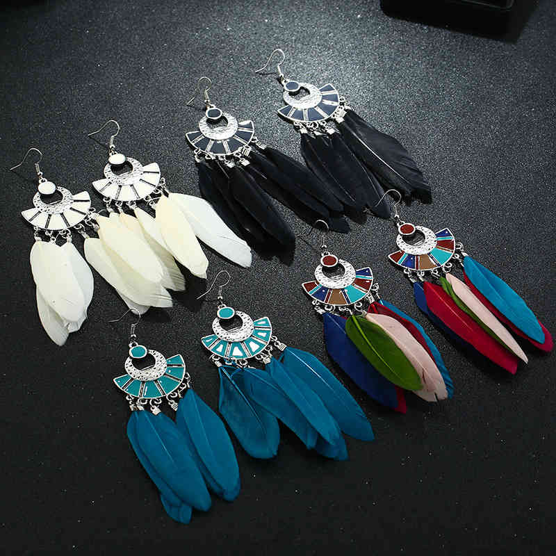Charms Ear Stud Clip Rings 2021 Jewelry Fashion Fan-shaped National Style Feather Long Women's Accessories