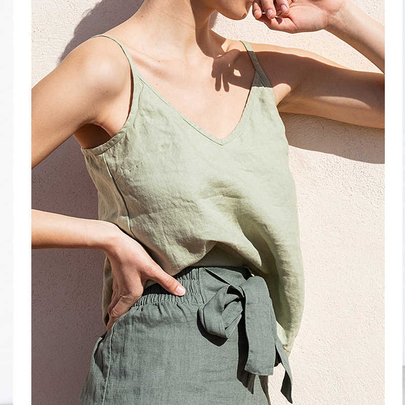 Johnature Linen Women Spaghetti Strap Vest Summer Vintage Loose All Match Simple 5 Colors Female Tops 210625