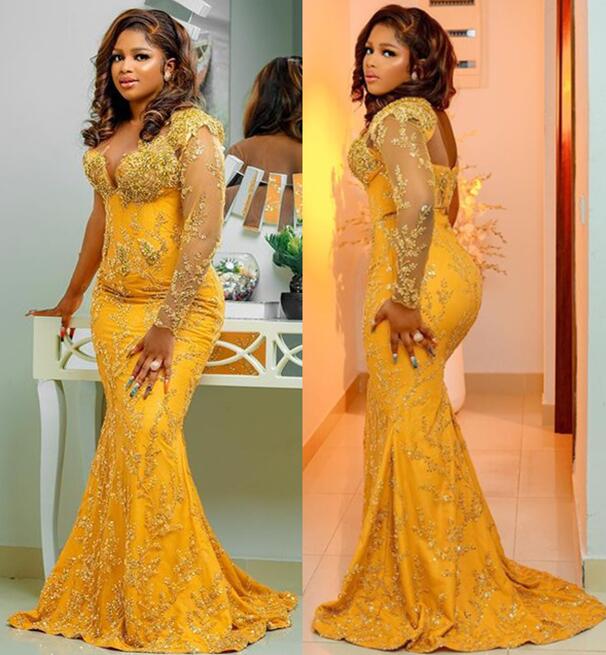 2021 Plus Size Arabic Aso Ebi Yellow Mermaid Sexy Prom Dresses Lace Beaded Sheer Neck Evening Formal Party Second Reception Gowns Dress ZJ522