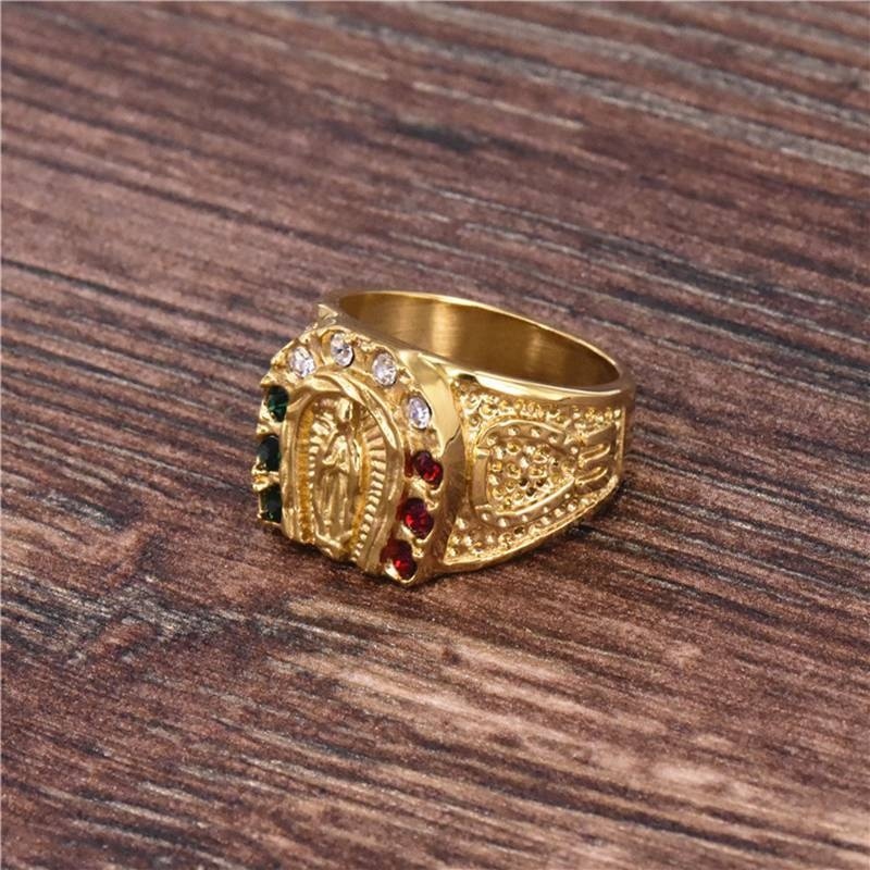 hip hop bling iced out Vintage Classic Christian Virgin Mary Prayer Ring Inlaid Tricolor Zircon Jewelry Gift for men women