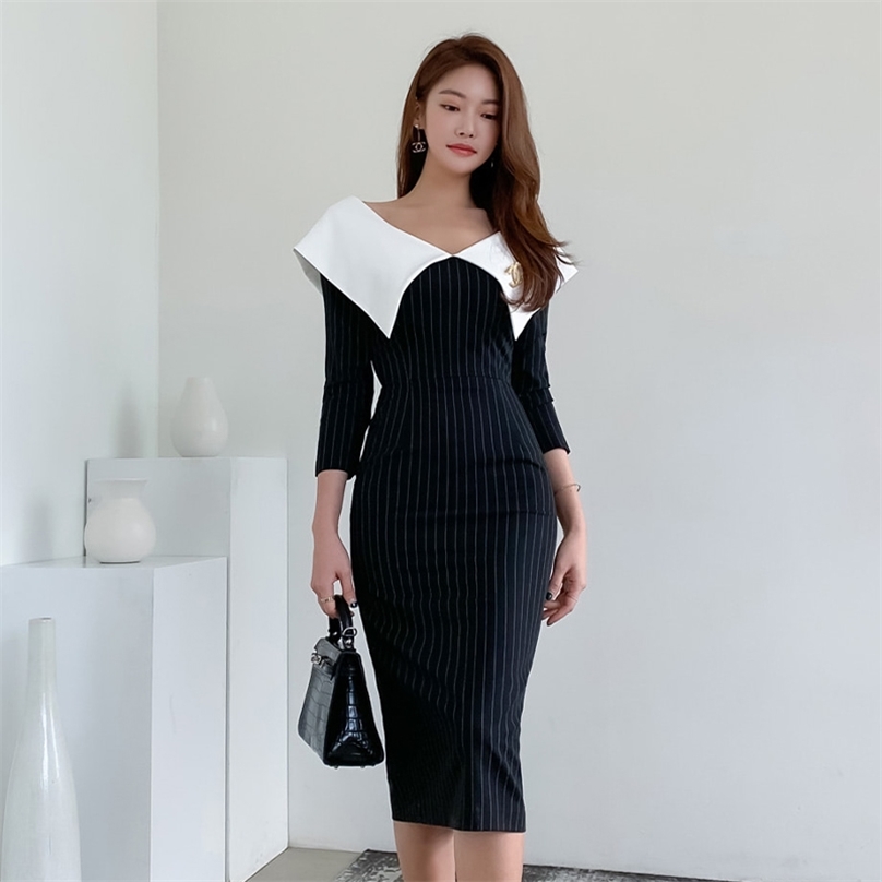 ladies retro korea Dress for women Autumn 5 Sleeve V neck Black Stripe Linen Sexy Office Midi Party Dresses 210602
ladies retro korea Dress for women Autumn 5 Sleeve V neck Black Stripe Linen Sexy Office Midi Party Dresses 210602