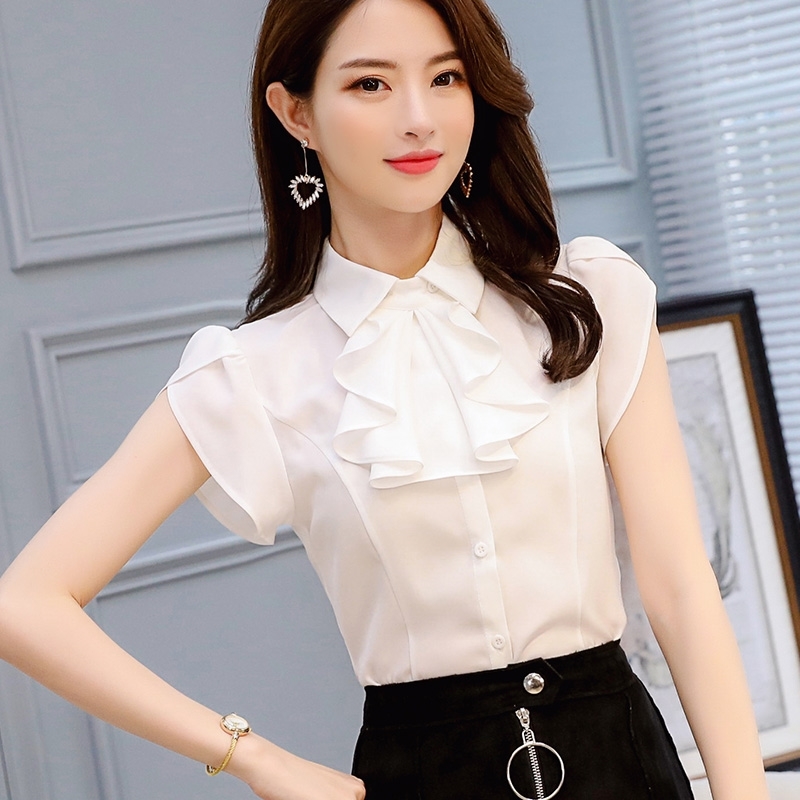 Summer Womens Formal Sheer White Red Shirt for Women Short Sleeve Ruffle Button Chiffon Tops and Blouses Slim Work Blusa 210225